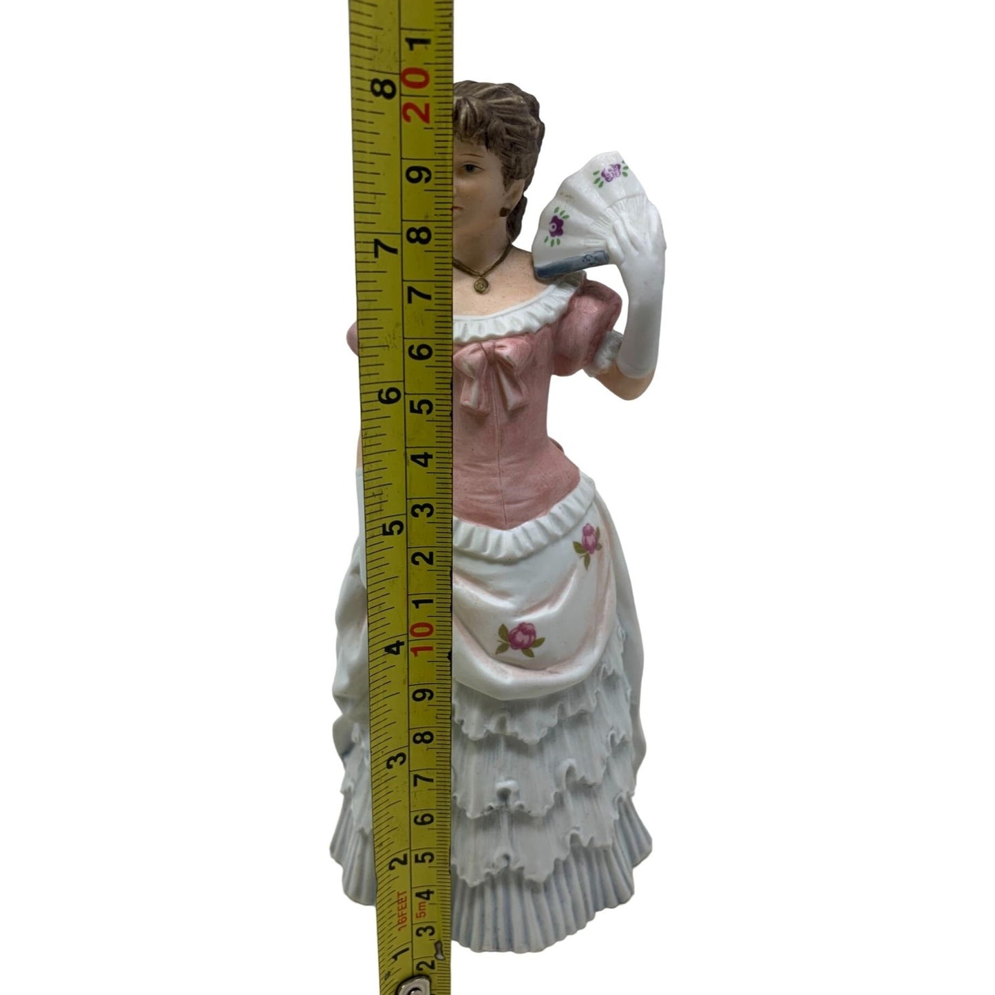 Victorian Woman with Fan "Shall We Dance?" Brown Hair with Pink and White Dress 8" Tall