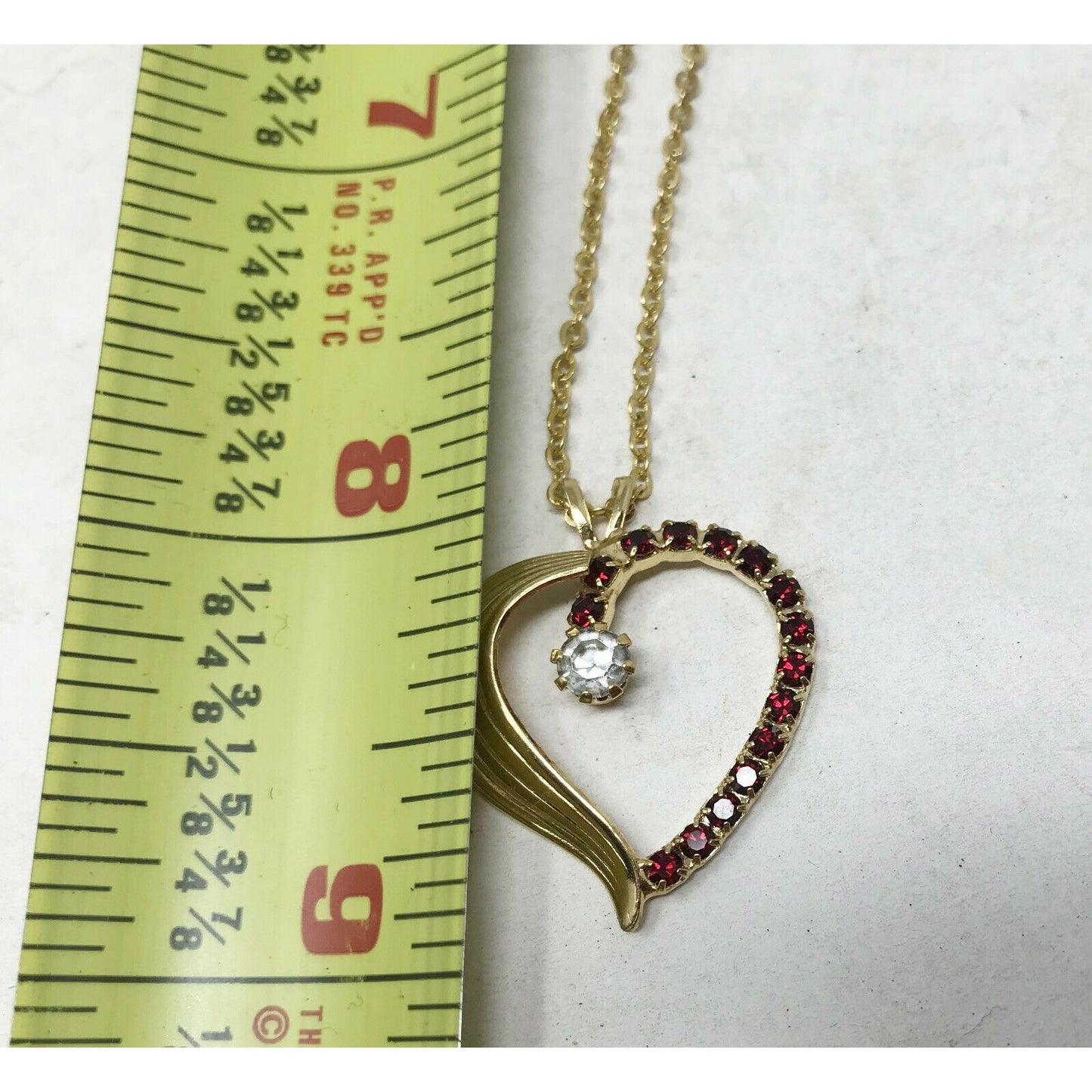 Gold Tone HEART Pendant on thin chain NECKLACE Red & White Stones