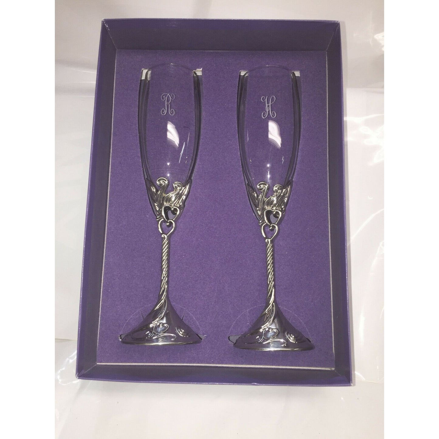 Pair WEDDING Toasting Flutes w Hearts Silver Base Etched 'R' & 'H'