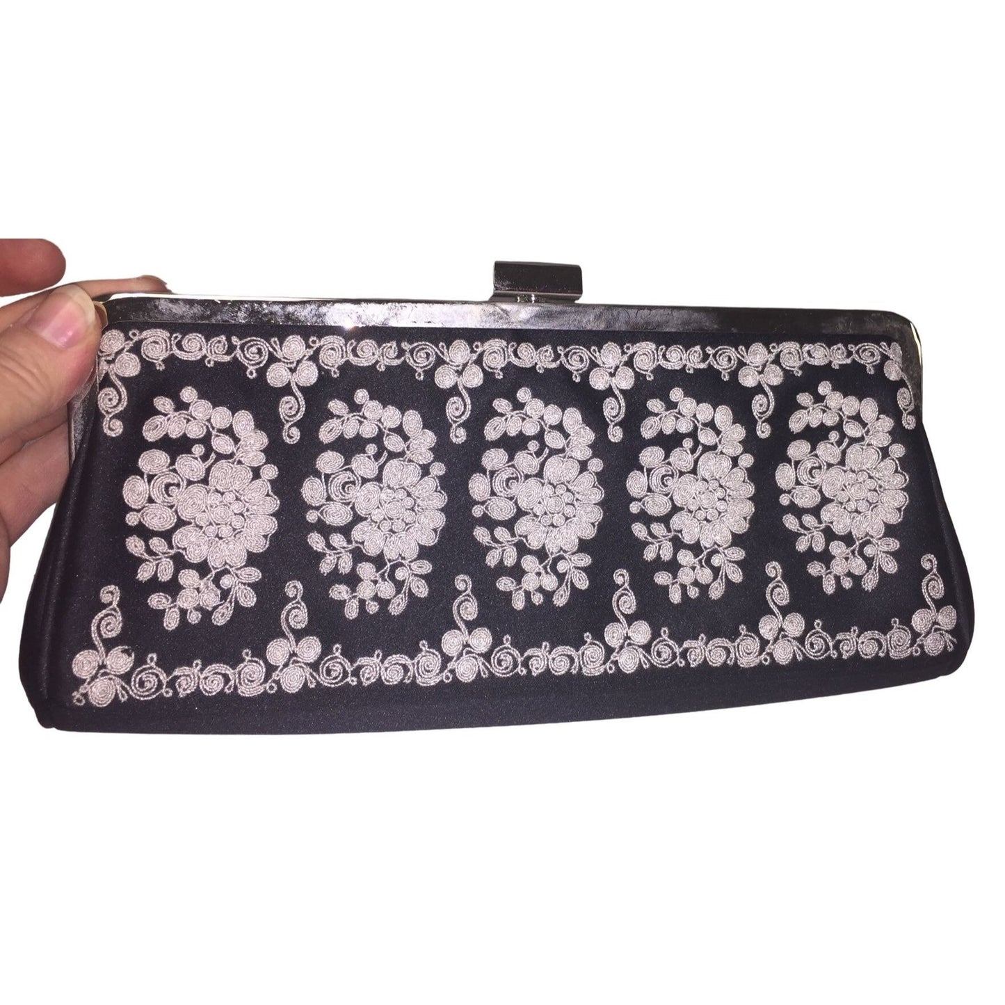 Kate Landry Ornately Embroidered Clutch Evening Bag - Shoulder and Hand Strap - Black & White