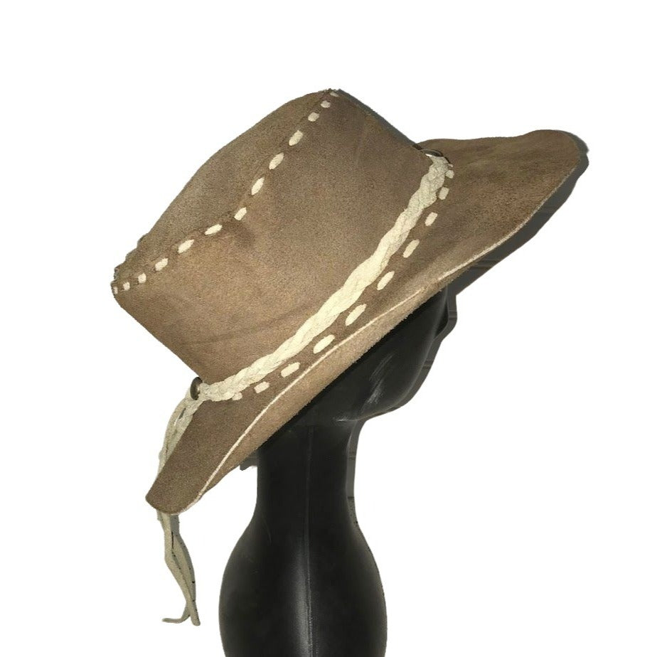 Suede Cowboy or Adventurer Hat - Light brown/tan and beige - Large suede strip seams and braided suede band. Unsure of size