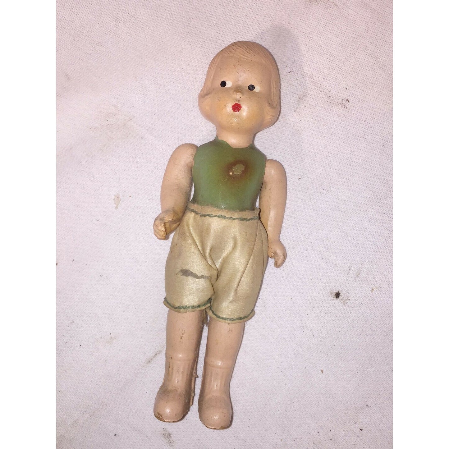 6" Antique BISQUE Doll w Pursed Lips Green Body Satin Shorts Cute