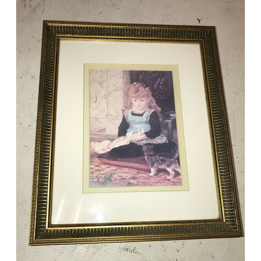 GIRL w Doll and KITTEN a WINDSOR Art Print Matted w DETAILED Frame