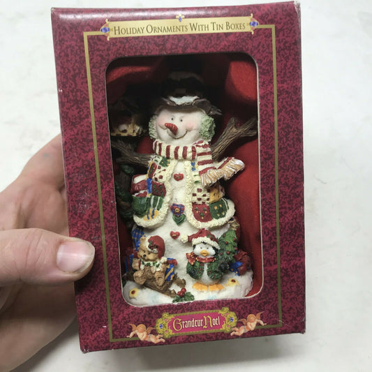 Grandeur Noel SNOWMAN Christmas TREE ORNAMENT w Decor TIN box