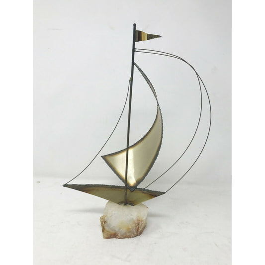 Mid-Century MODERN Brass SAILBOAT Sculpture QUARTZ Base SIGNED