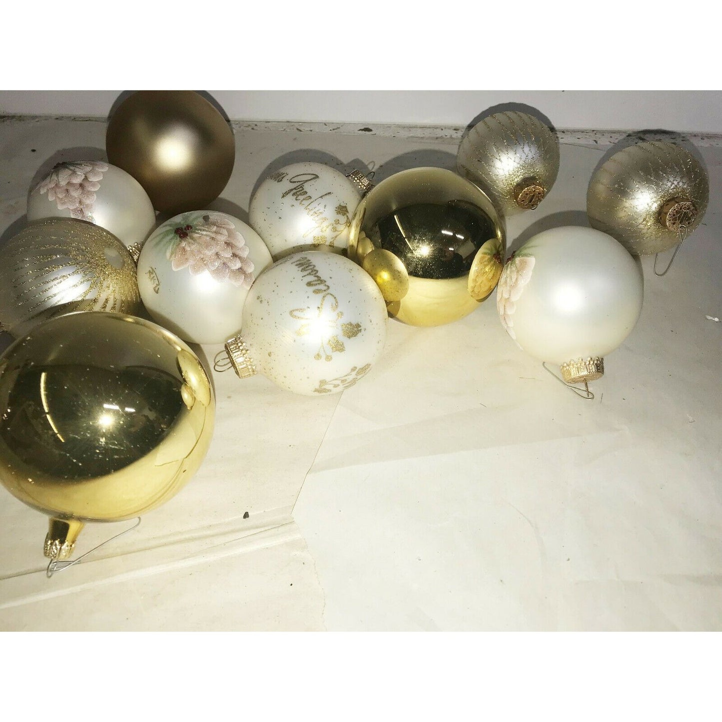 White & Gold CHRISTMAS ORNAMENT Set Some HANDPAINTED Holiday Decor