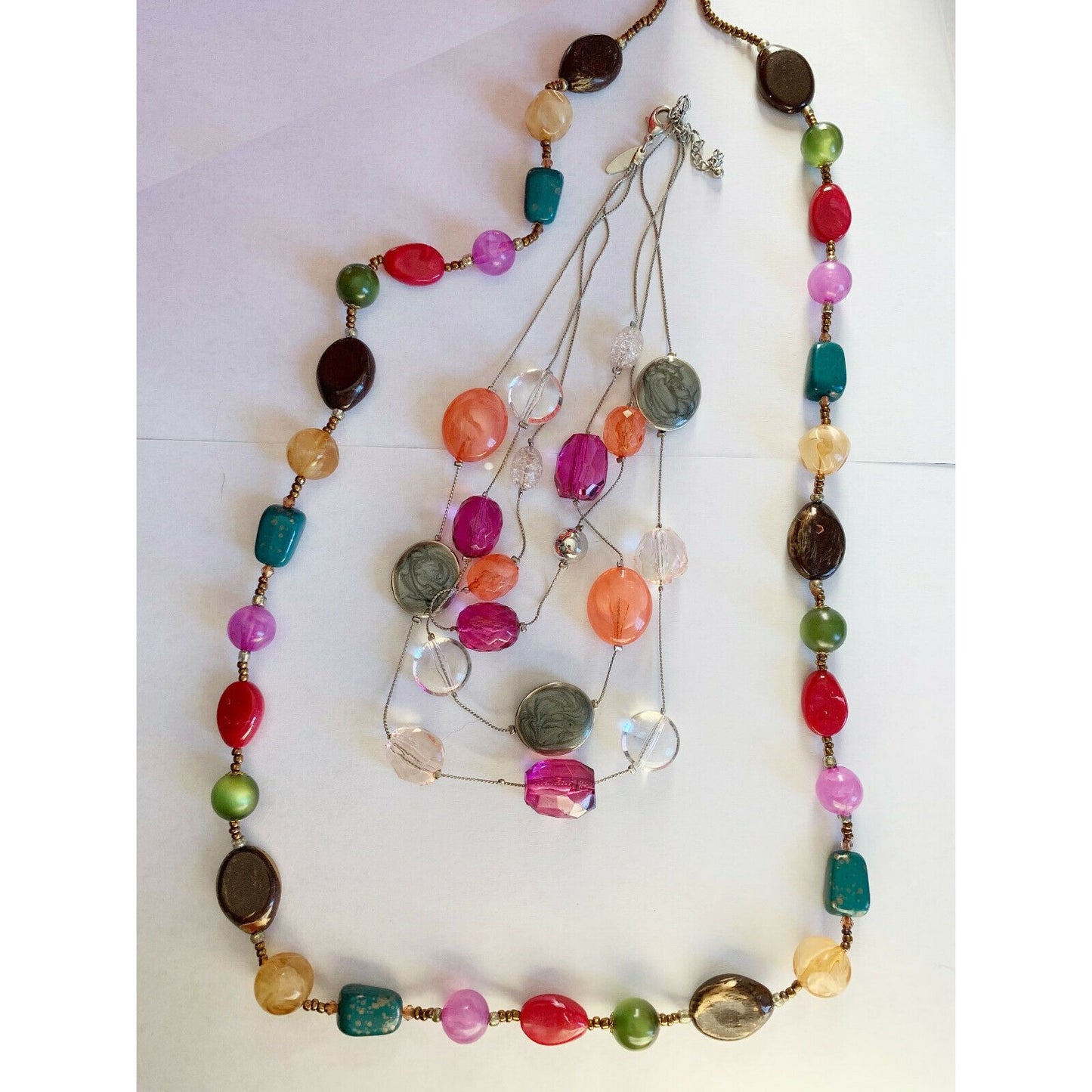 Pair of Pink & Coral Colorful Bead Necklaces (17" & 36") Layering