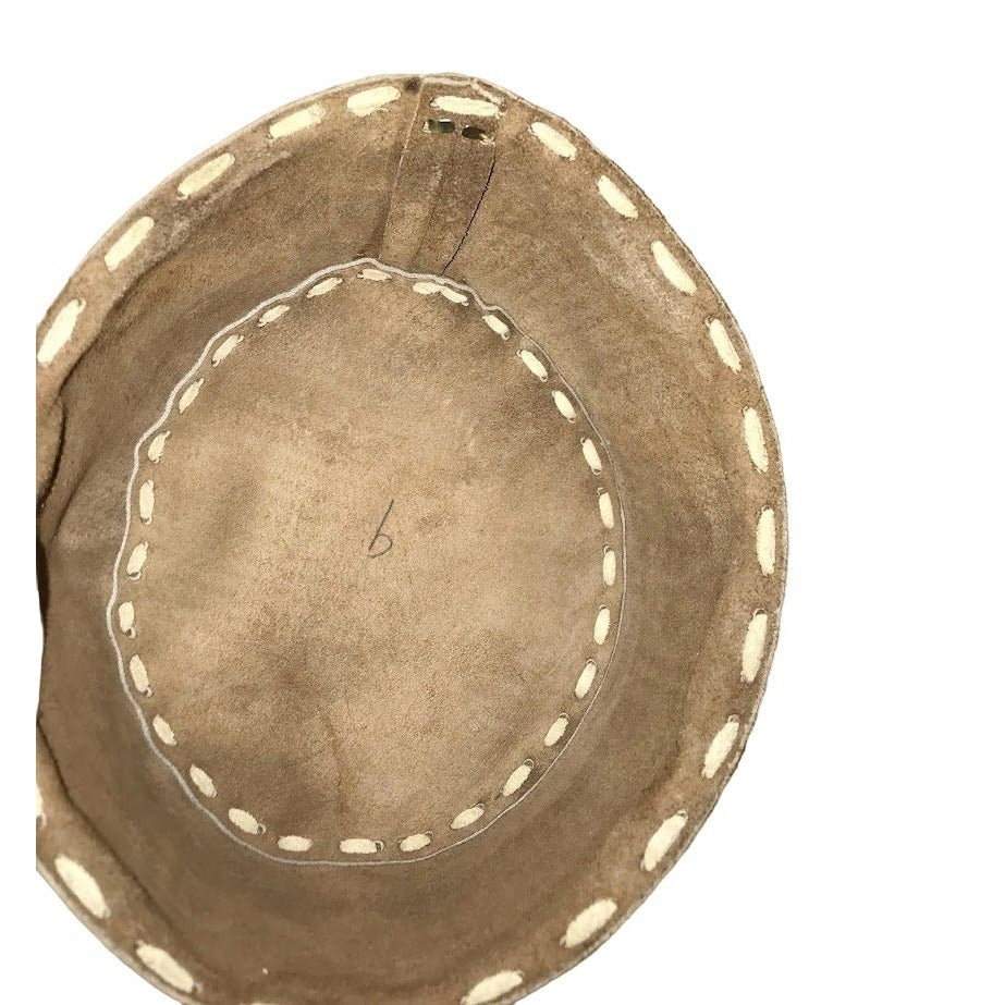 Suede Cowboy or Adventurer Hat - Light brown/tan and beige - Large suede strip seams and braided suede band. Unsure of size