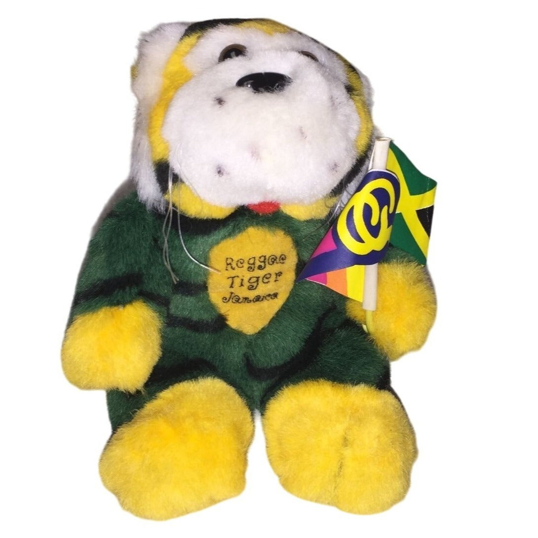 Jamaican REGGAE TIGER - Tiger with Jamaica Flag and another Flag - Green and Yellow Fur - Cute Face!