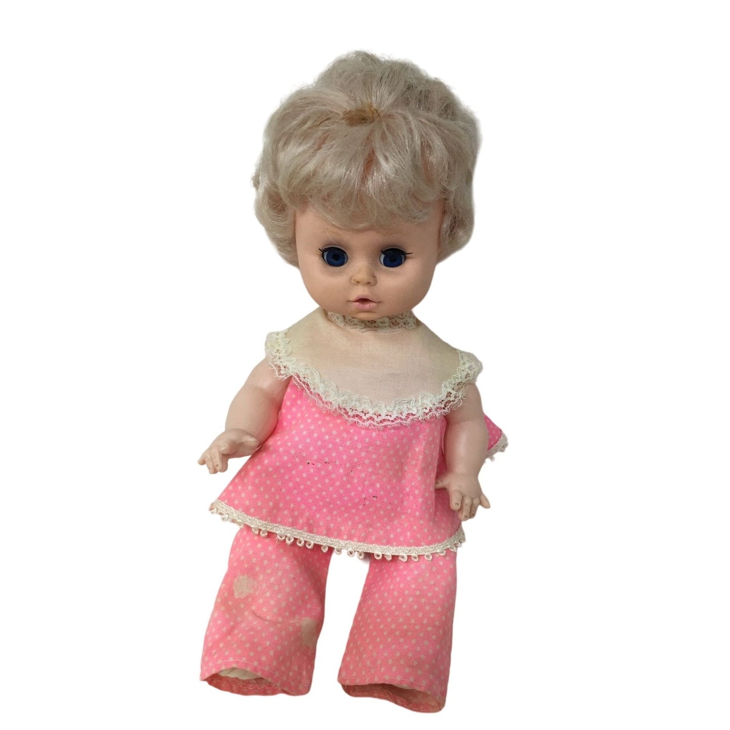 Big Eyed Vintage Baby Doll in Pink Polka Dot Outfit - Short Blonde Hair - Sweet Face