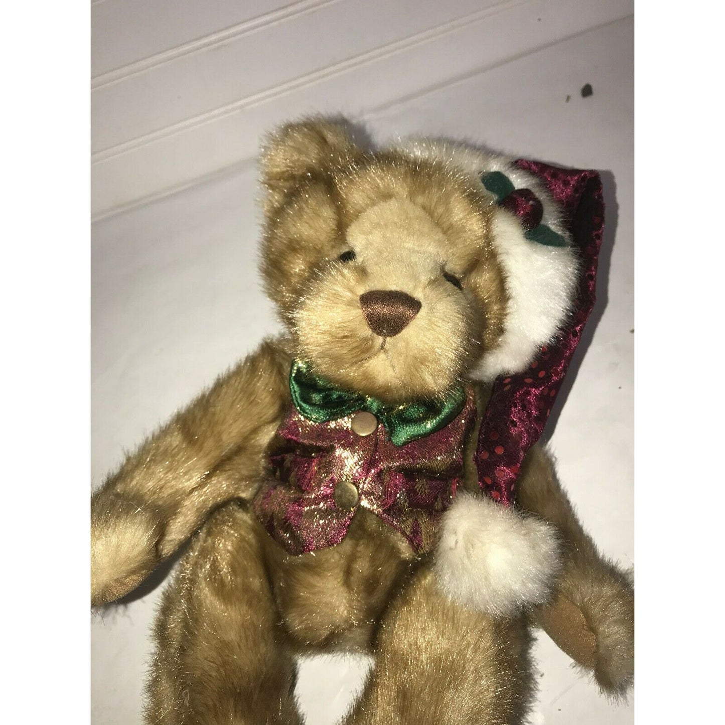 CHRISTMAS BEAR in SANTA Hat 13" Deep Red & Green Tie Holiday Decor