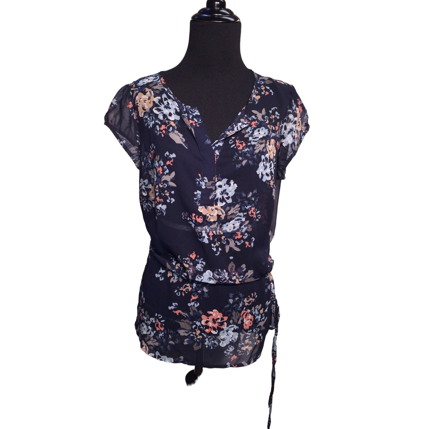 A New Approach (a.n.a.) Womens Blouse Blue awith Floral Print - Size PM Petite Medium