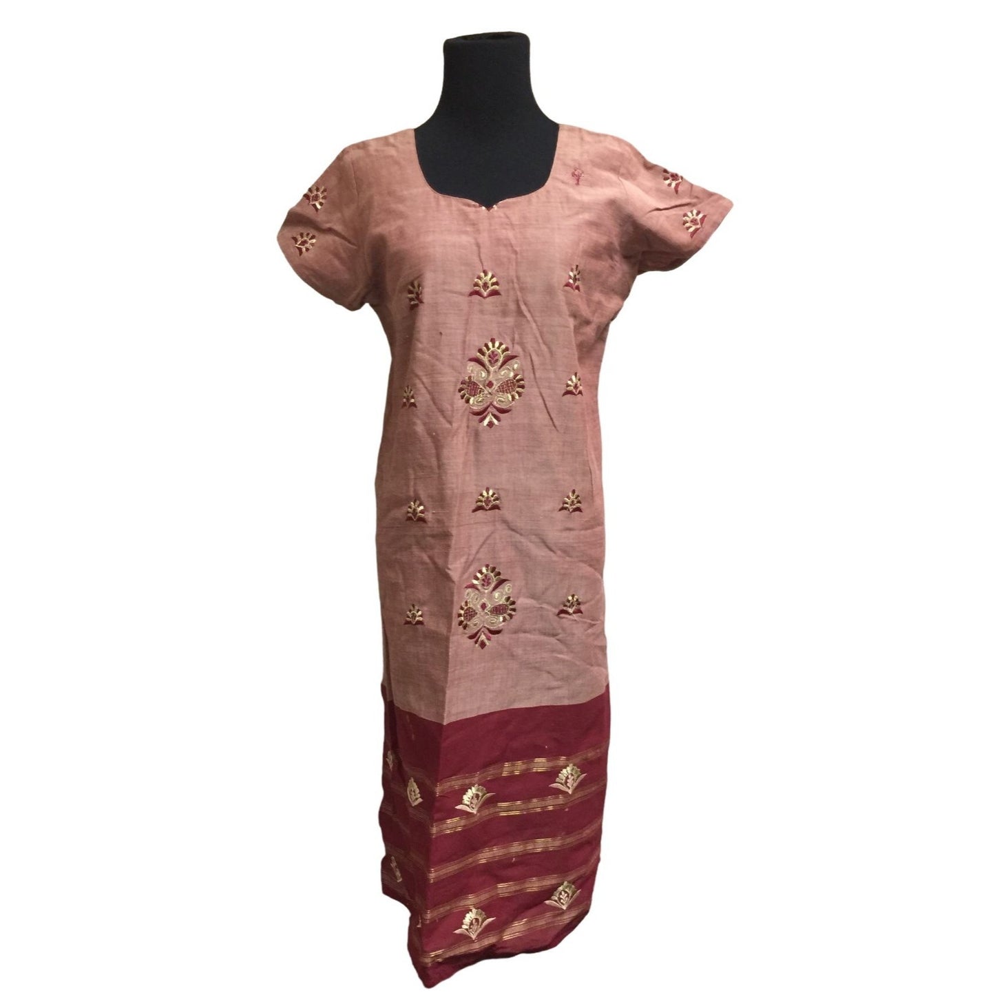 Short Sleeved Kurta with Scarf - Deep Red/Maroon and Gold