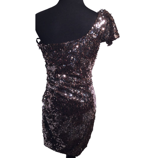 Evening Cocktail Dress - Bronze Tone Sequin one Shoulder Mini Dress Size 7