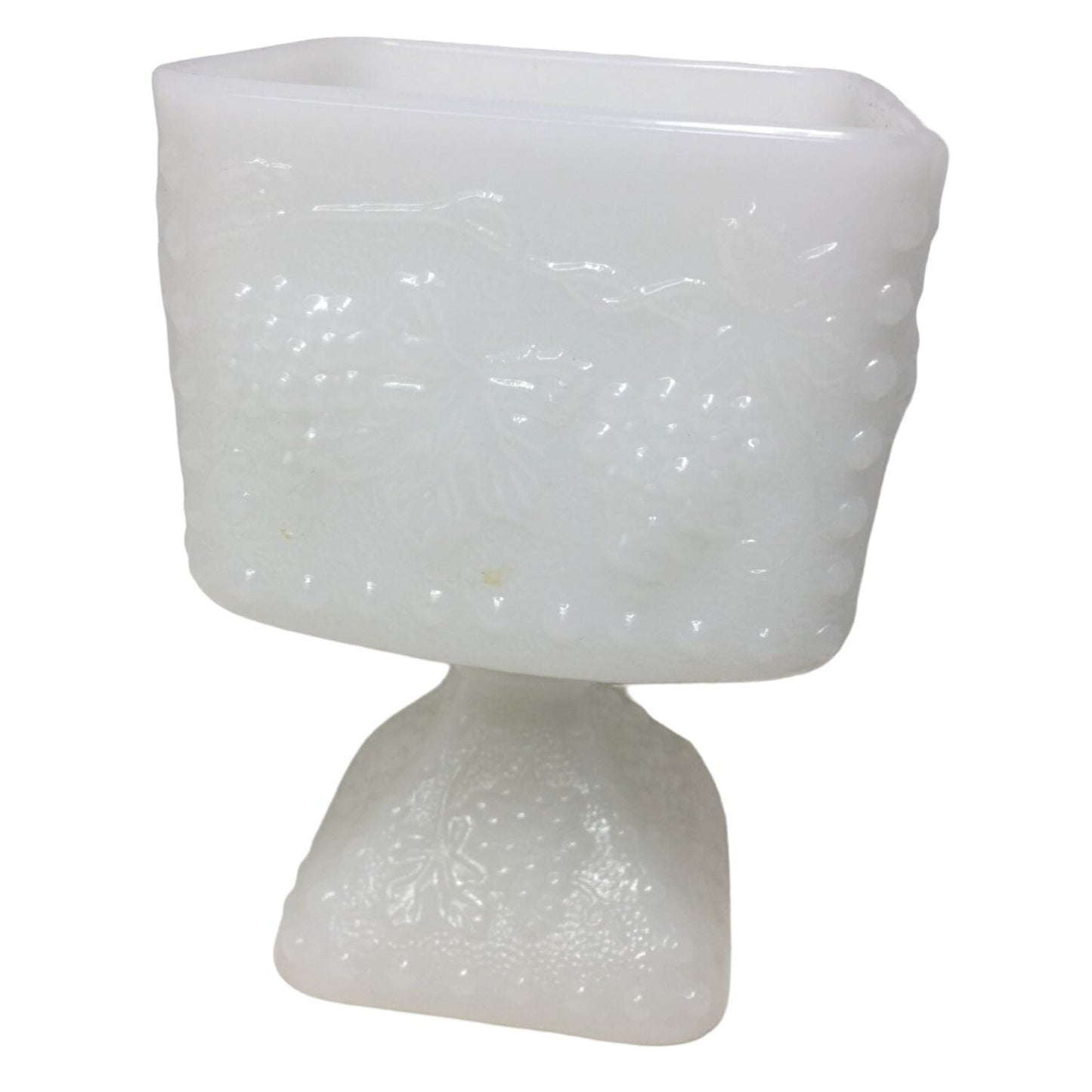 Pretty Milk Glass Cube Vase with Pedestal & Pretty Grape Pattern Design - Approx 3" square opening