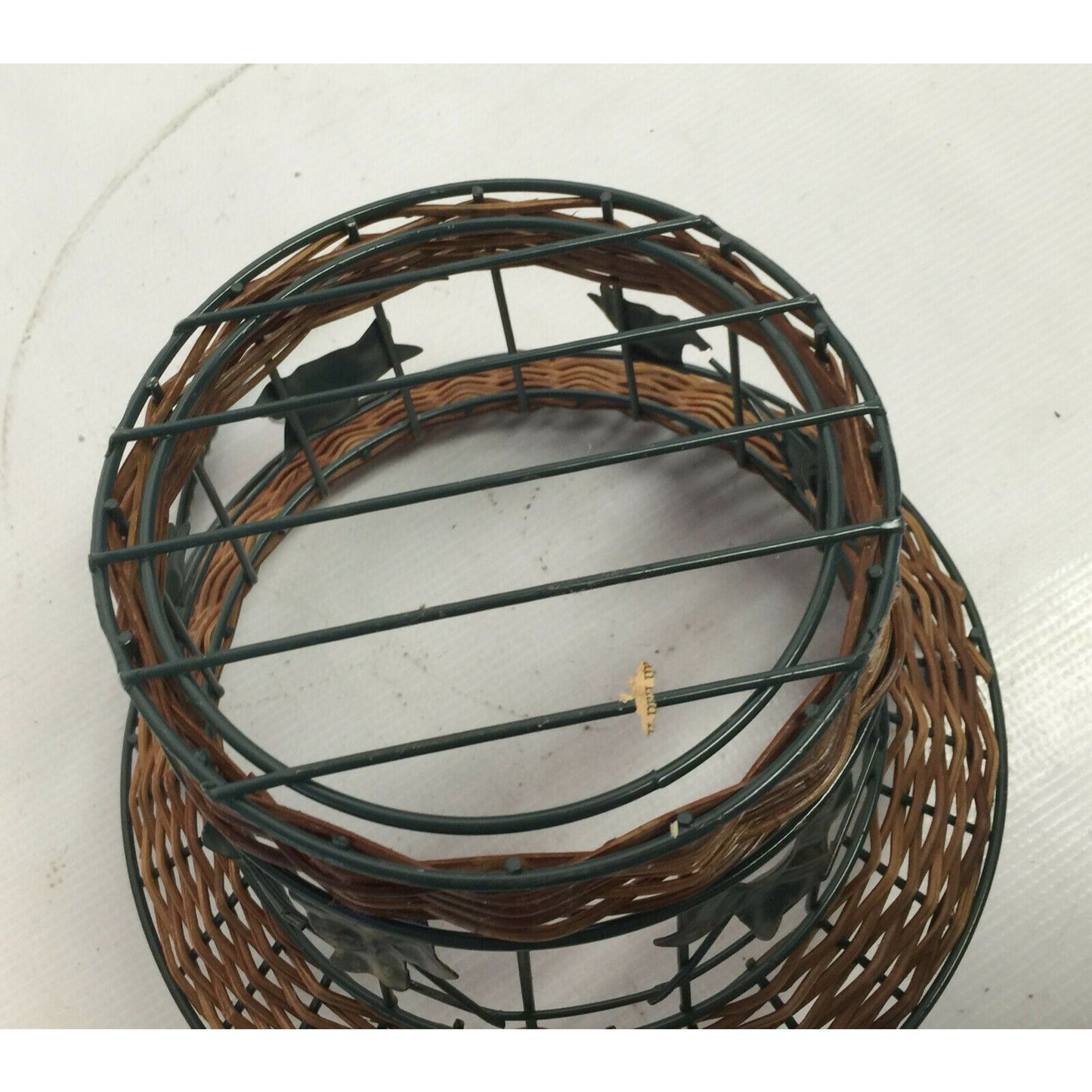 Decorative Metal Wire Basket w Wicker & Tall Handle - Metal Leaves