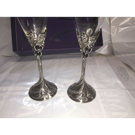 Pair WEDDING Toasting Flutes w Hearts Silver Base Etched 'R' & 'H'