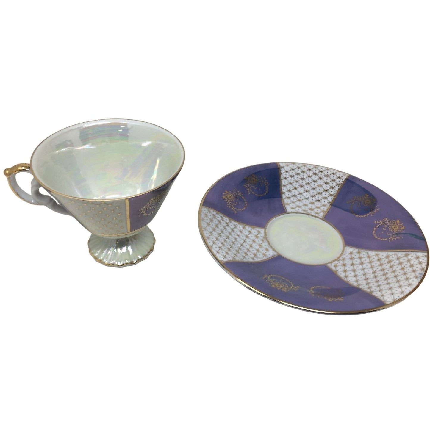 Blue and white Iridescent Teacup and Saucer Set with small gold accent pattern