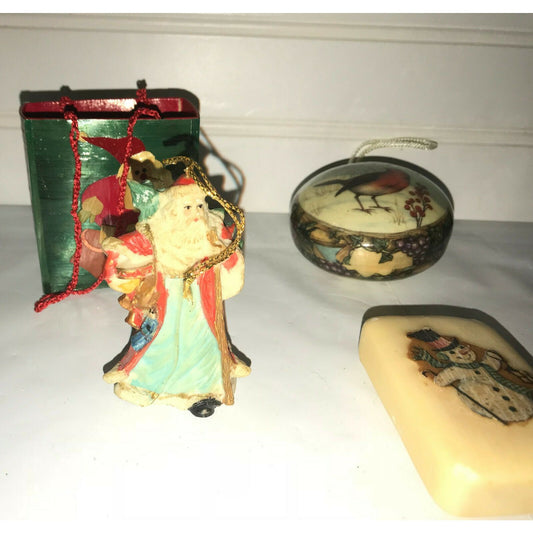 Vintage Holiday CHRISTMAS TREE Ornaments & Soap Snowman Santa BIrd