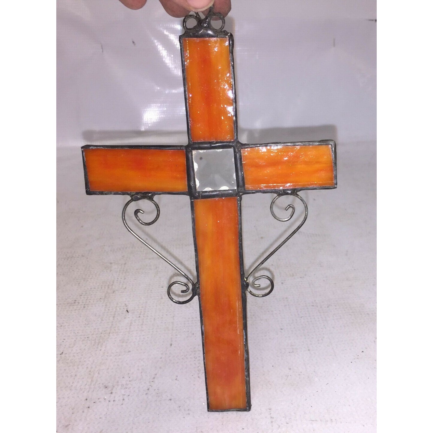 STAINED GLASS and Metal CROSS Sun Catcher Orange White 9" BY 5.25"