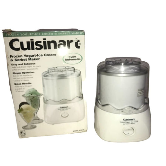 CUISINART Frozen Yougurt, Ice Cream and Sorbet Maker - in orig box with 4 pieces shown (only items in photos are included) - powers on and s