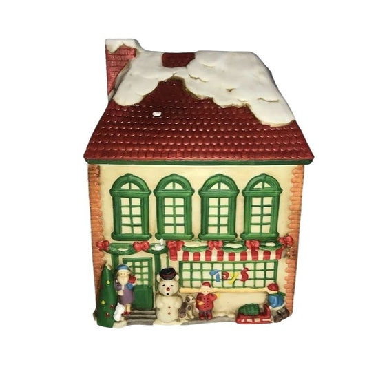 Christmas TOY STORE Cookie Jar - Fun Festive Holiday Kitchen Decor - Ceramic cottage looking store with cute characters and holiday feel