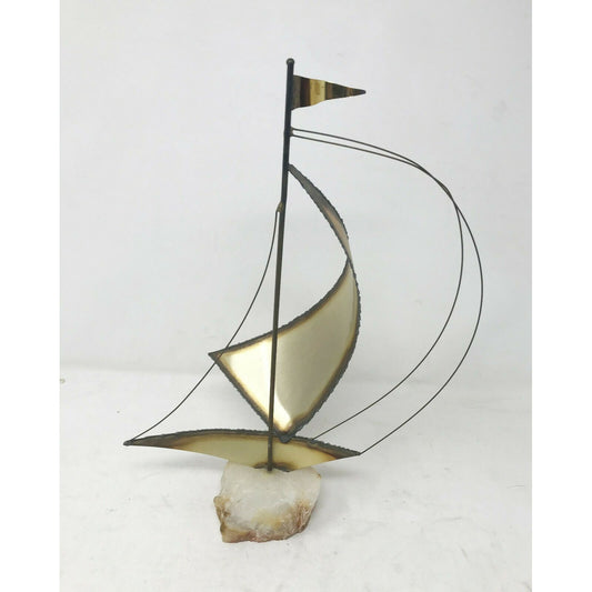 Mid-Century MODERN Brass SAILBOAT Sculpture QUARTZ Base SIGNED