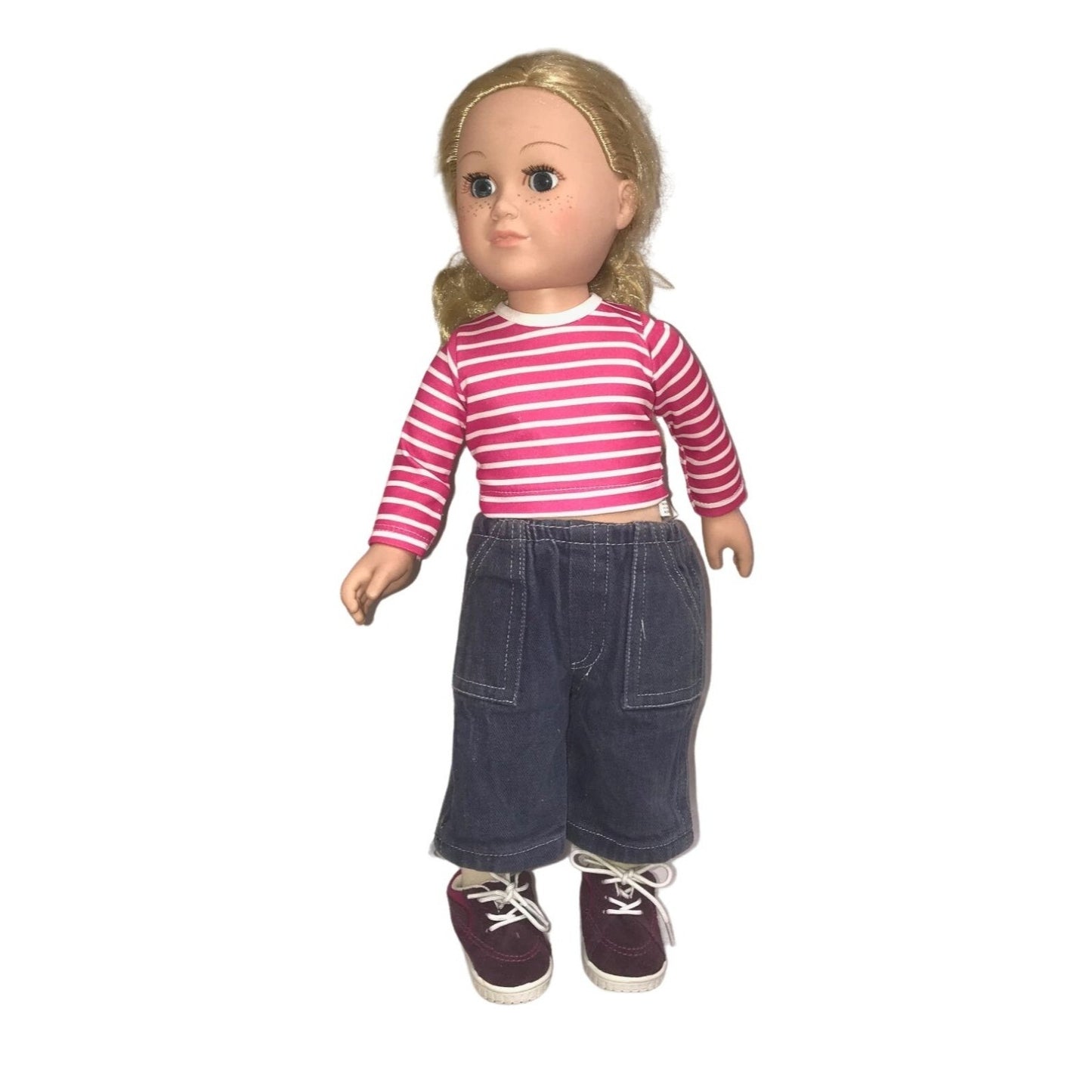 Blonde Doll with PInk and  White shirt,  Cabbage Patch denim pants and shoes - Cute fun Vinyl Doll