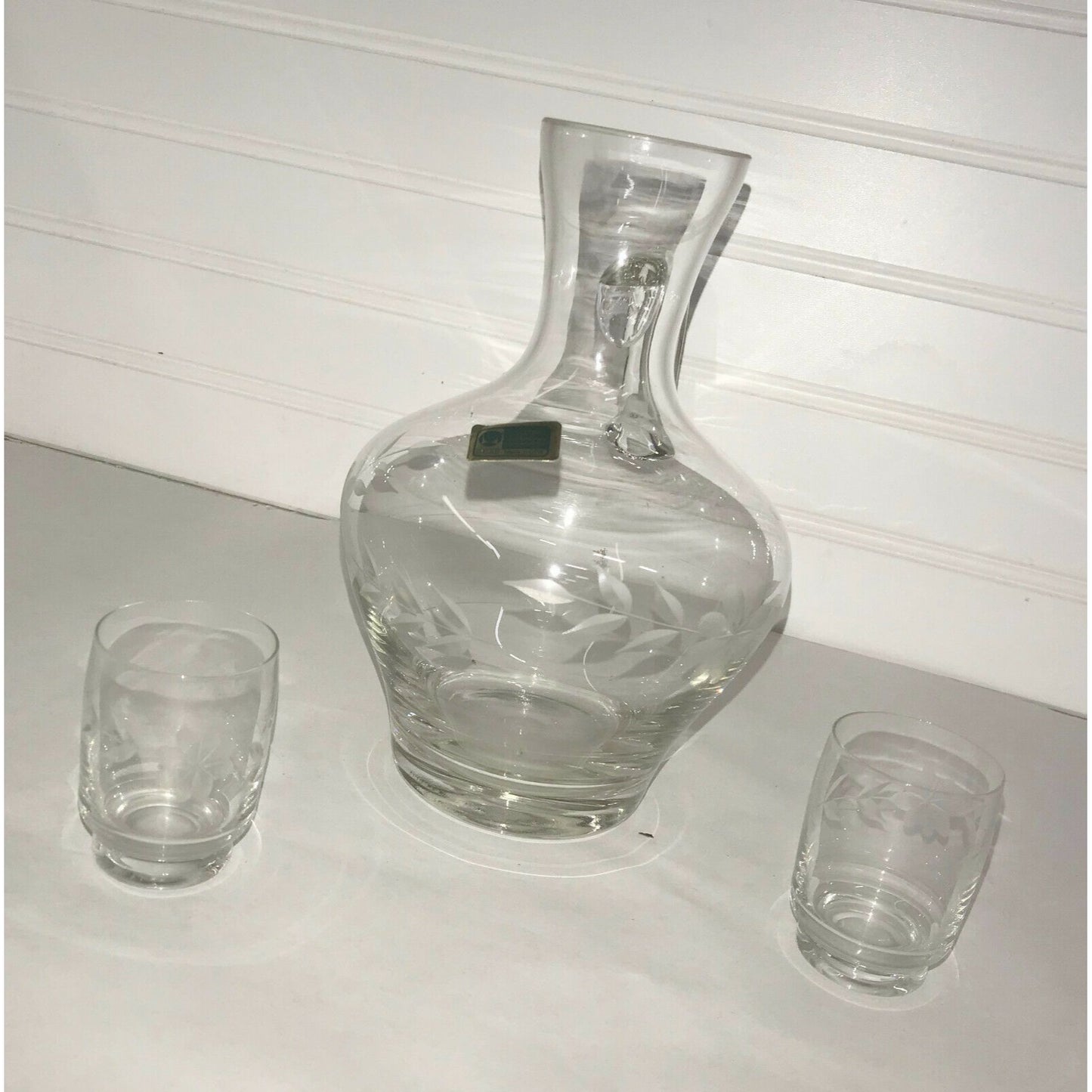 VINTAGE GLASS Carafe LAUSITZER GERMANY with Pips - cups - Etched