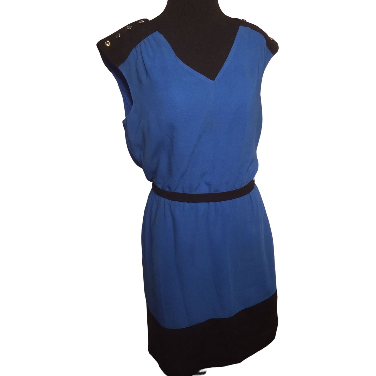 Vintage GUESS Dress - Blue with Black Shoulders, Belt and Block at bottom Size 8