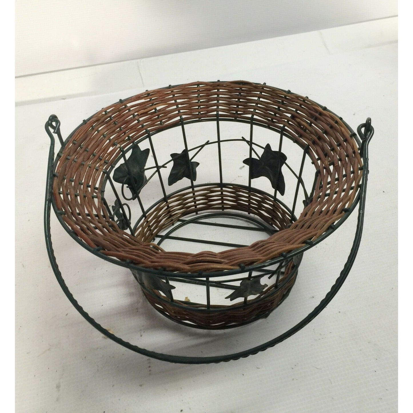 Decorative Metal Wire Basket w Wicker & Tall Handle - Metal Leaves