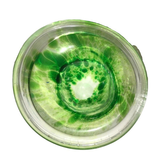 Pretty GREEN Art Glass Dish or Holder - green and bubble spatter look - clear dish or holder RIng Top and flat bottom to sit upright