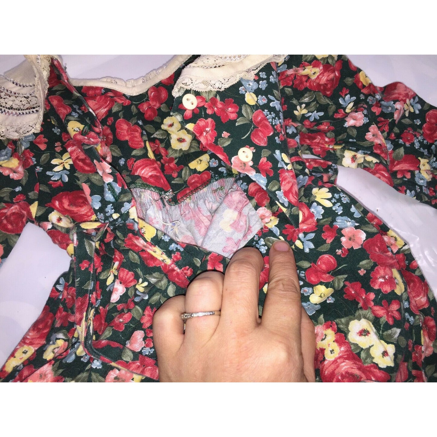 Vintage Smocked Baby Dress 12 Mos Bold Florals on Dark Lace Collar