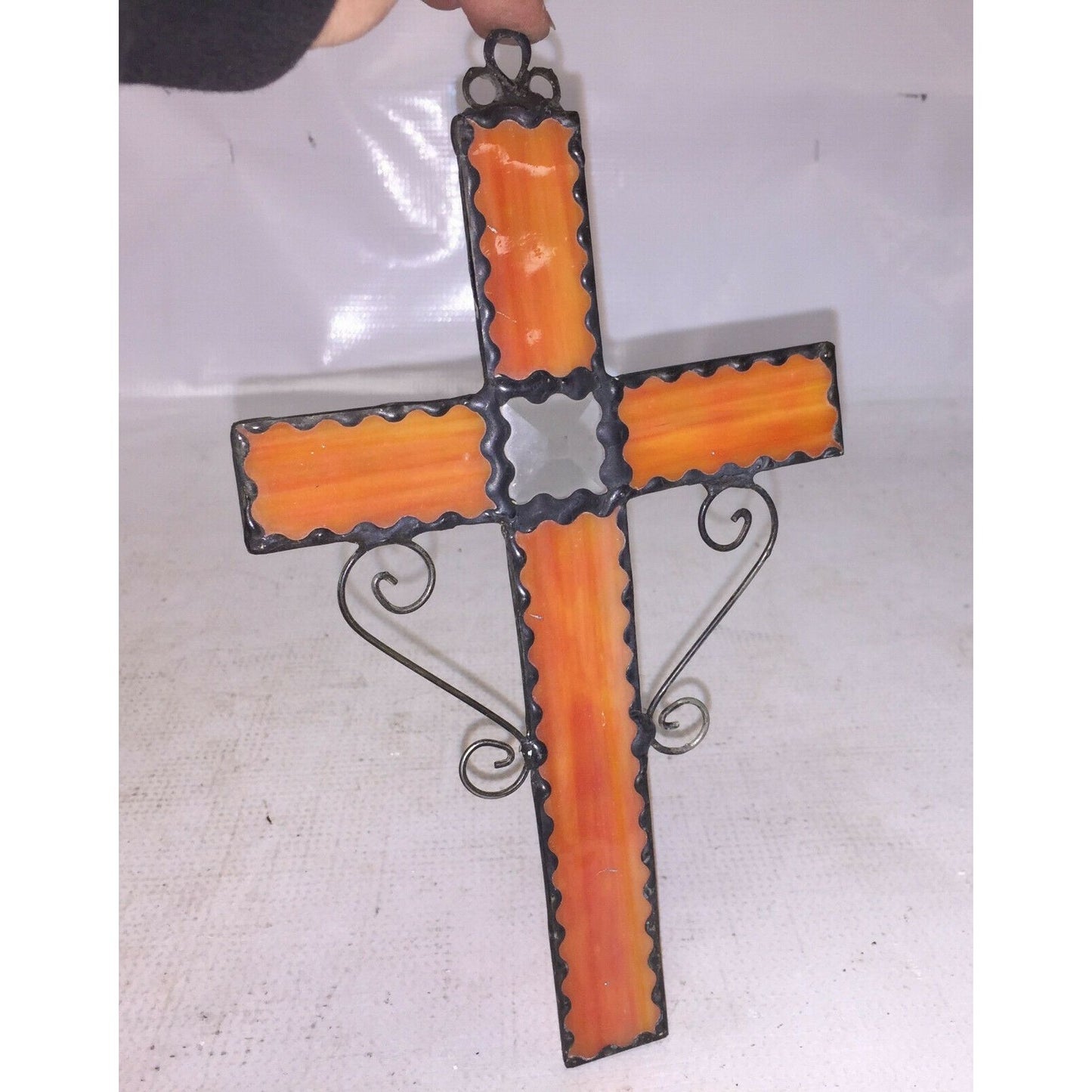 STAINED GLASS and Metal CROSS Sun Catcher Orange White 9" BY 5.25"