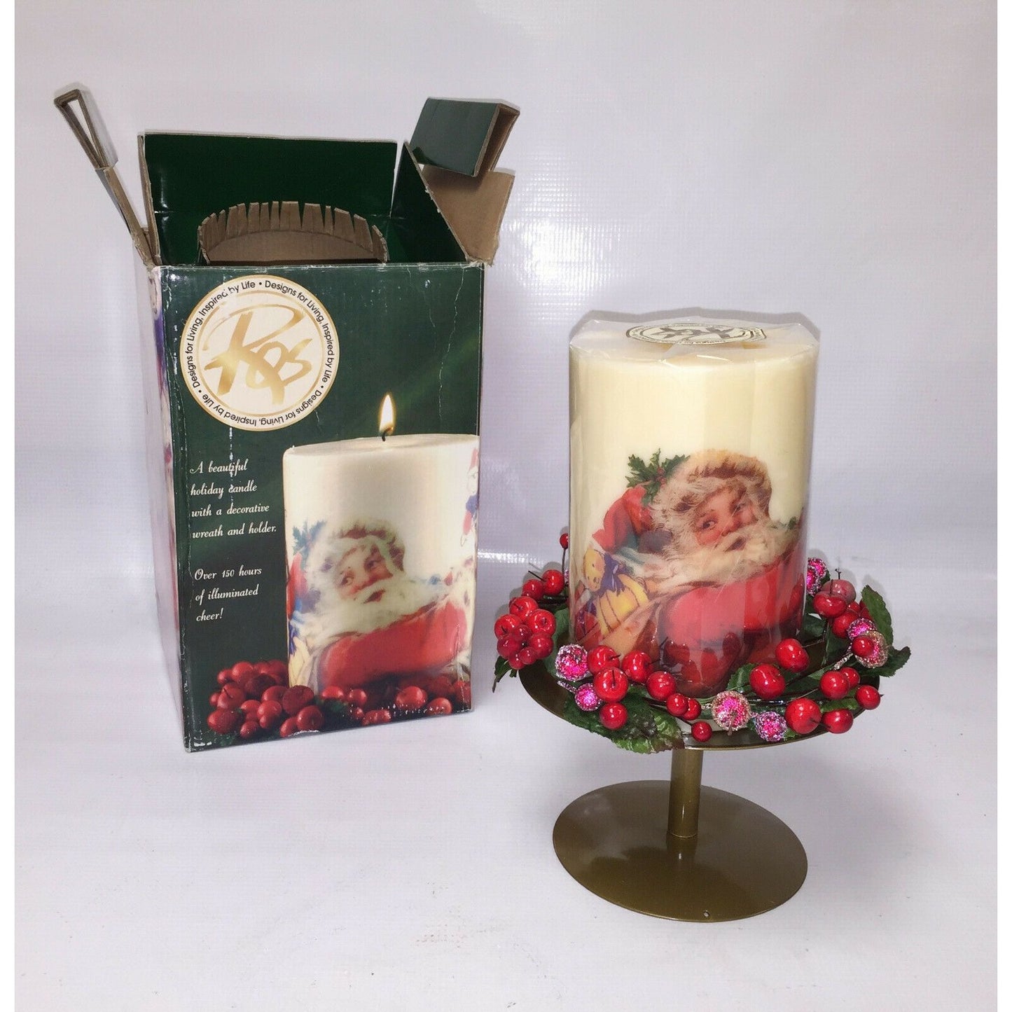 Christmas Decorative Candle w Smiling SANTA CLAUS Design, Wreath