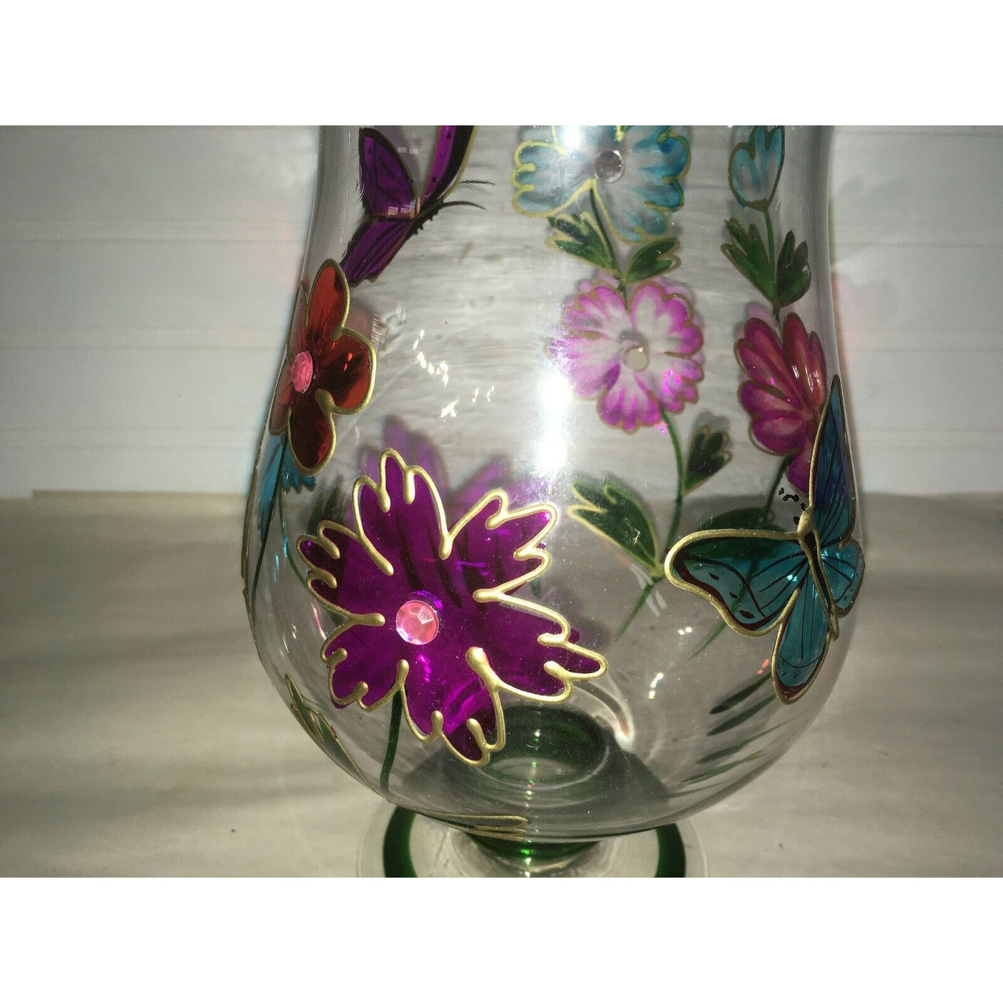 Tall Footed Clear Glass Vase w Hand Painted Flowers & Butterflies