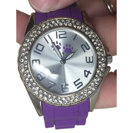 Purple Band Bracelet with Pawprints and Rhinestones - Bold Watch