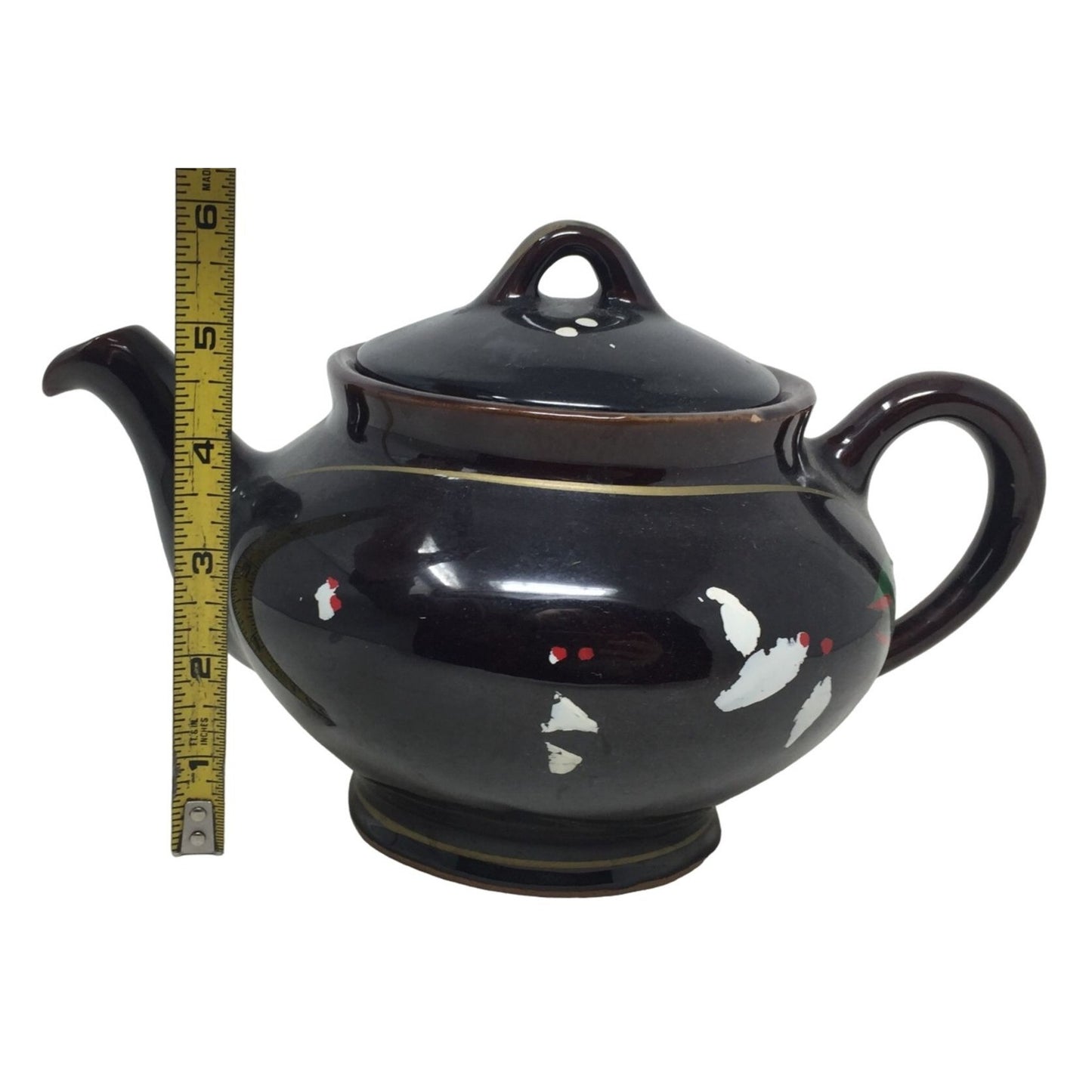 Lidded Black Teapot with White and Red Abstract Flowers