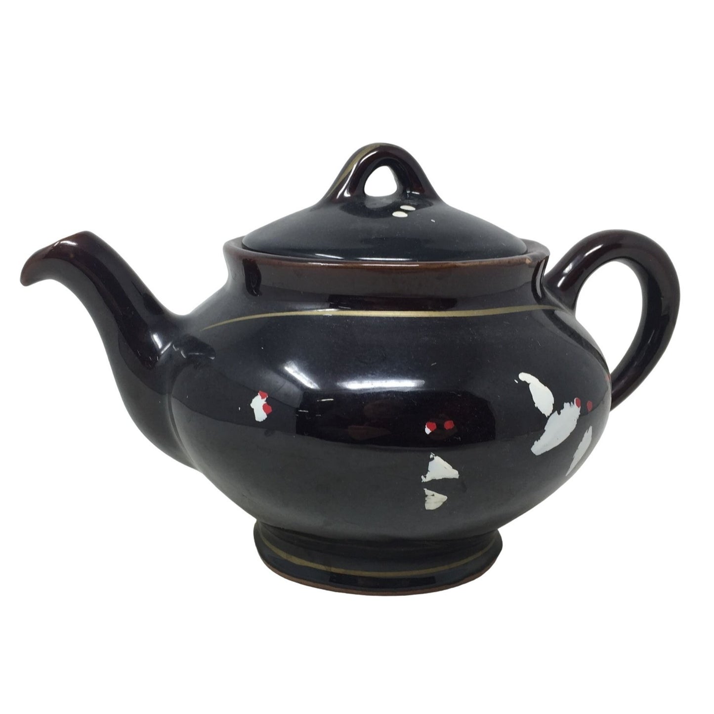 Lidded Black Teapot with White and Red Abstract Flowers