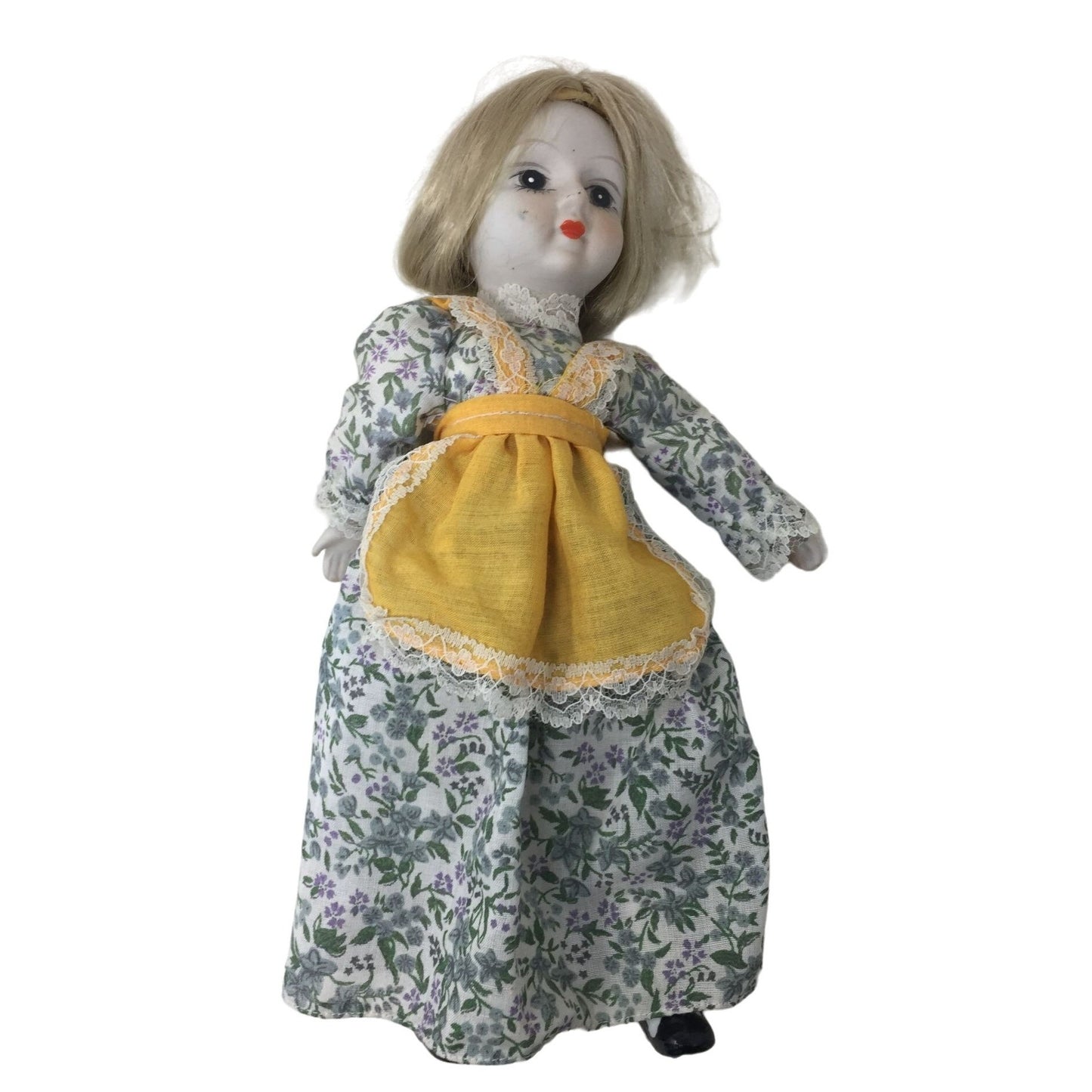 White porcelain Doll with Red Lips and Floral Print Dress with Yellow Apron - Porcelain Head, feet and Hands -