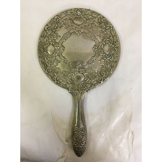 Vintage Hand-Held Vanity Silverplated Mirror - Raised floral design - Nice Piece