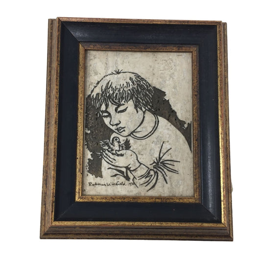 Vintage (1970s) Rodney Winfield Art Boy with Dove - on Marble (Travertine) Signed - In Beautiful Frame