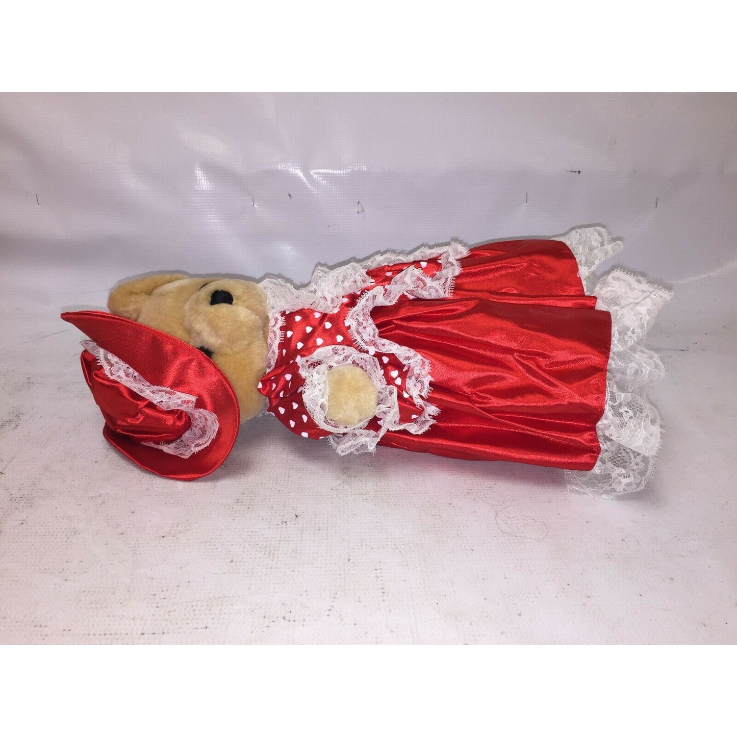 Jointed TEDDY BEAR in Red Satin Gown and Hat (Valentines or Xmas)