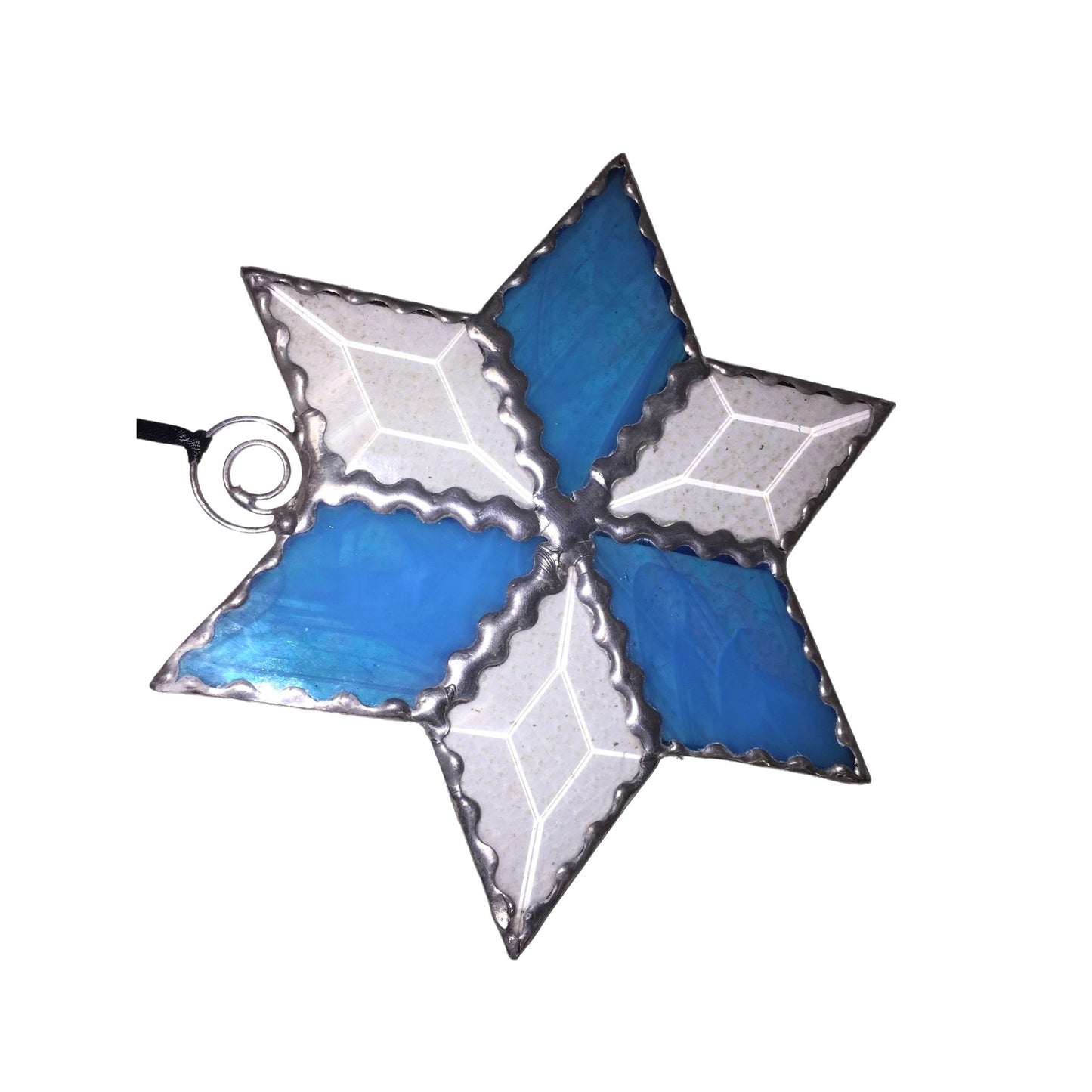 STAINED GLASS Star Shaped Sun Catcher. BLUE & Bevelled WHITE 6" Diameter
