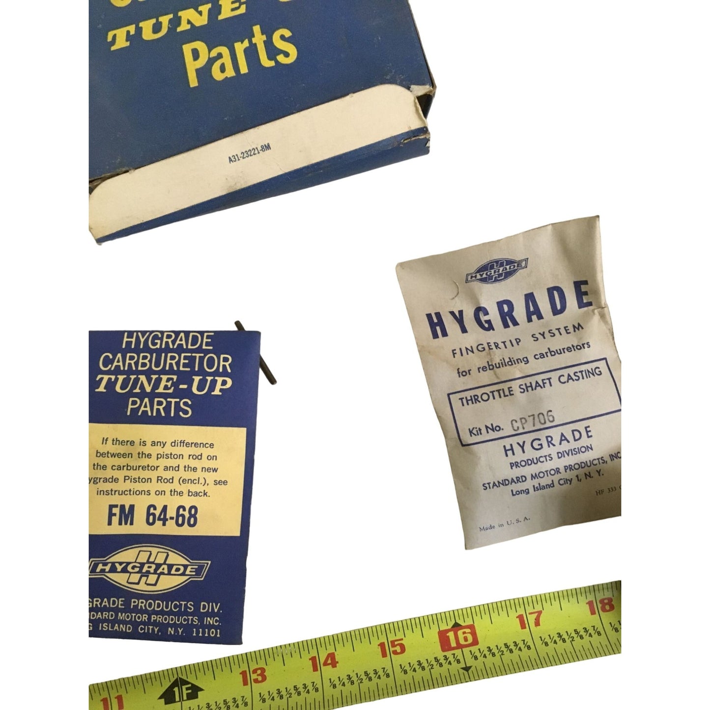 Vintage HYGRADE Carburetor Tune Up Parts Kit - in original box - all items shown included CP706 Fuel Bowl Casting CP705 Fuel Bowl Co