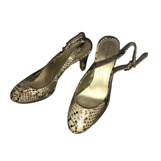 Thari Snakeskin Texture heels - round toe with open heel and over heel buckle strap - 4" Heel believe they are womens size 8-8.5