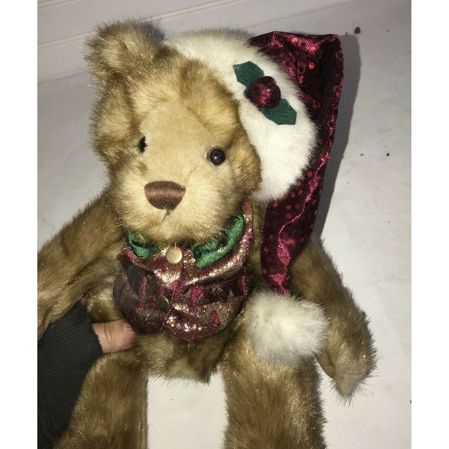 CHRISTMAS BEAR in SANTA Hat 13" Deep Red & Green Tie Holiday Decor