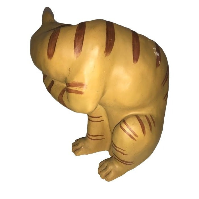 Orange Stipe Cat Figurine - peaceful tabby cleaning itself with paw - Needs cleaned but otherwise good condition (see photos) - Approx. 9"