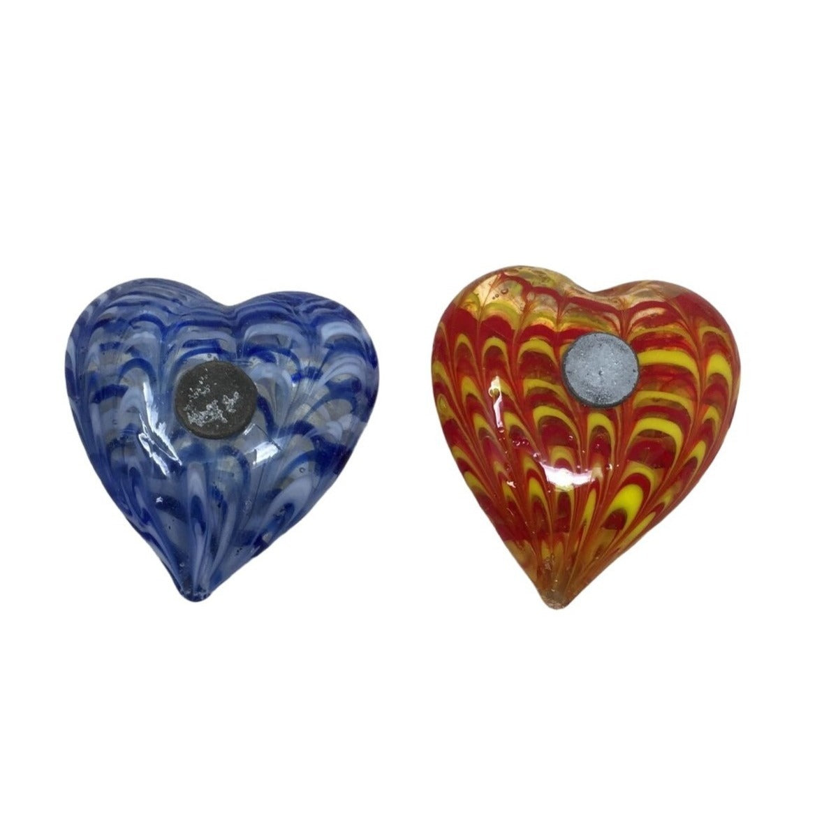 Pair of Art Glass Magnets - Red and Blue Heart Glass Magnets