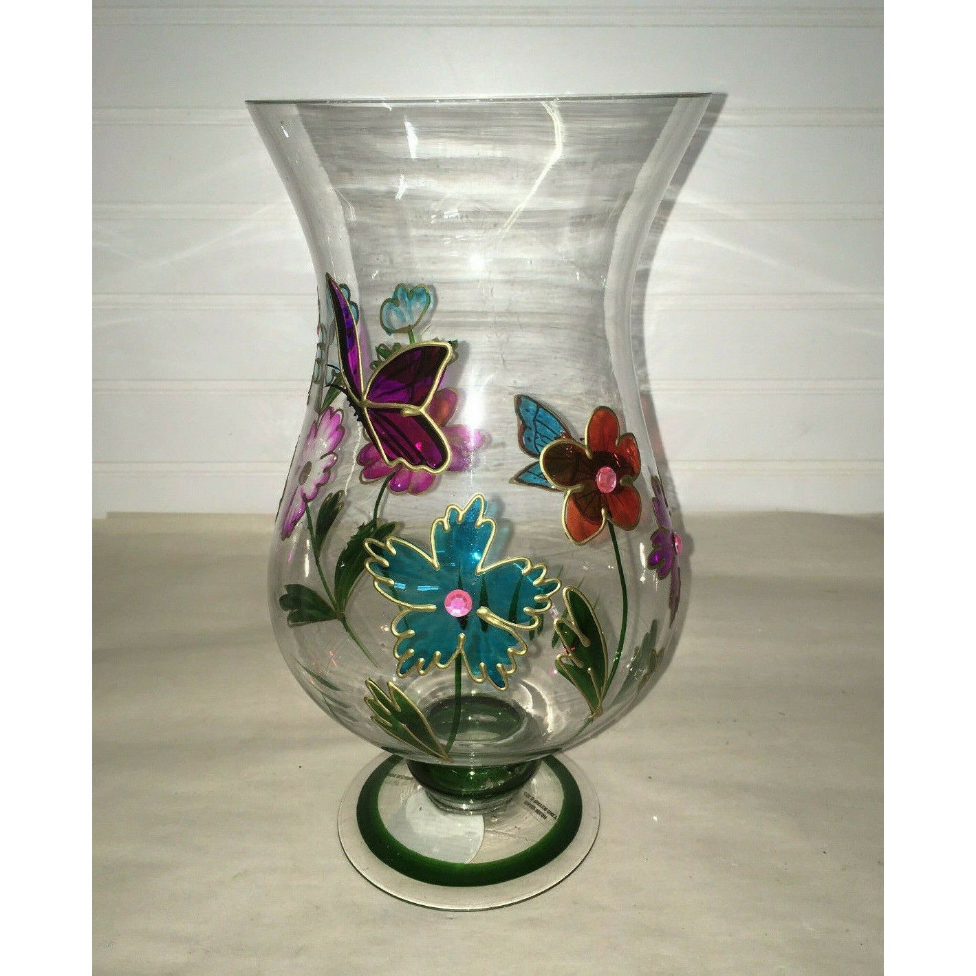 Tall Footed Clear Glass Vase w Hand Painted Flowers & Butterflies